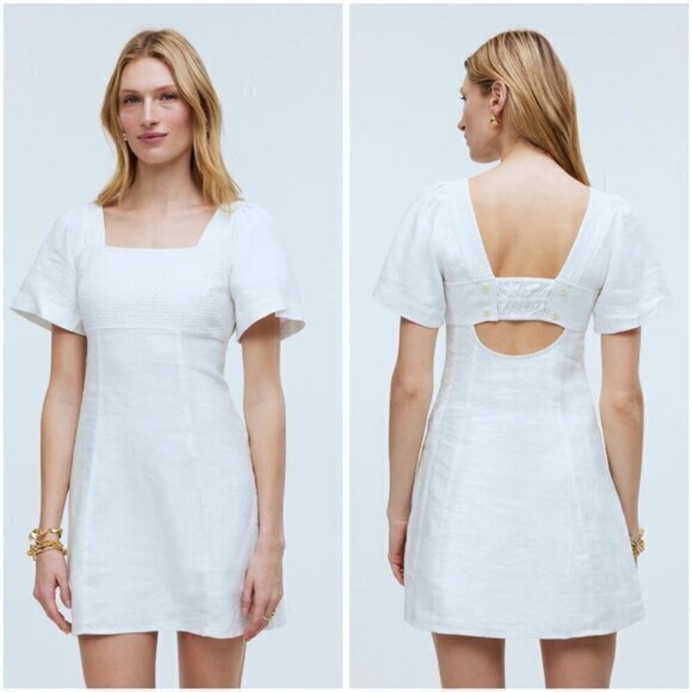 Madewell Square-Neck 100% Linen Mini Dress in White Size 12